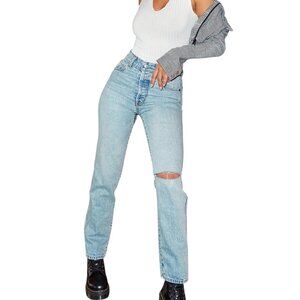 Revice High Waist Distressed Straight Leg Jeans, Light Wash, 26